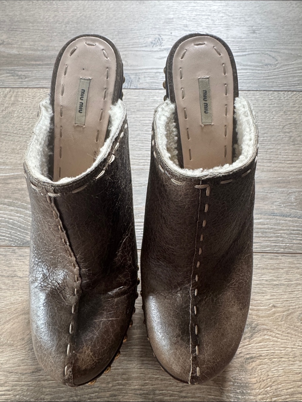 Miu Miu Dark Brown Leather Shearling-Lined Mule